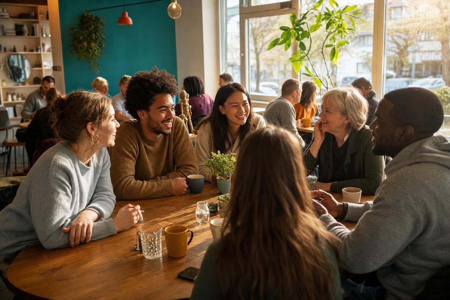 Personas de distintos países platicando en un café de idiomas